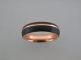 6mm ROUNDED BRUSHED Black Tungsten Carbide Unisex Band With Rose Gold* Stripe and Interior