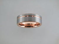 8mm BRUSHED Tungsten Carbide Unisex Band with Rose Gold* Stripe and Interior