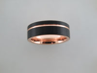 8mm BRUSHED Black* Tungsten Carbide Unisex Band with Rose Gold* Stripe and Interior