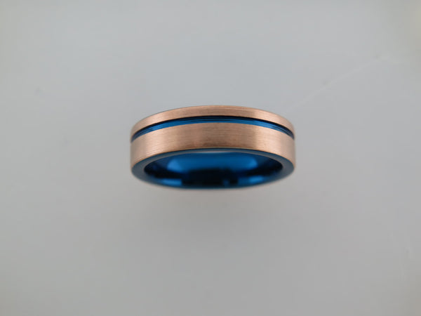 6mm BRUSHED Rose Gold* Tungsten Carbide Unisex Band With Blue Stripe & Interior