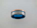 8mm Two-Tone BRUSHED Silver* & Rose Gold*Tungsten Carbide Unisex Band with Blue Stripe & Interior