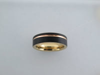 6mm BRUSHED Black Tungsten Carbide Unisex Band With Yellow Gold* Stripe & Interior