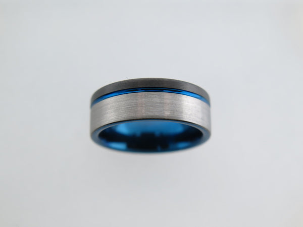 8mm Two-Tone BRUSHED Tungsten Carbide Unisex Band with Blue Stripe & Interior