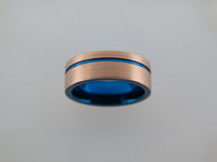 8mm BRUSHED Rose Gold* Tungsten Carbide Unisex Band With Blue Stripe & Interior