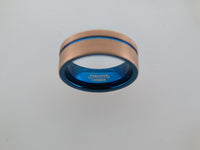 8mm BRUSHED Rose Gold* Tungsten Carbide Unisex Band With Blue Stripe & Interior