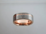 8mm BRUSHED Tungsten Carbide Unisex Band with CZ Stone, Rose Gold* Stripe & Interior