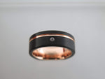 8mm BRUSHED Black Tungsten Carbide Unisex Band with CZ Stone, Rose Gold* Stripe & Interior