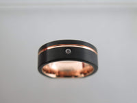 8mm BRUSHED Black Tungsten Carbide Unisex Band with CZ Stone, Rose Gold* Stripe & Interior