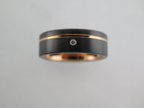 8mm Black Brushed Tungsten Carbide Unisex Band With Yellow Gold* Stripe & CZ Diamond