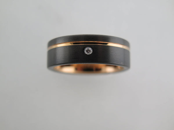 8mm Black Brushed Tungsten Carbide Unisex Band With Yellow Gold* Stripe & CZ Diamond
